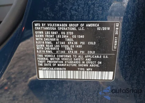 2018 Volkswagen Atlas 3.6L V6 Sel z USA, uszkodzony, nr VIN 1V2MR2CA5JC558478